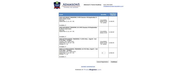 Adamson's Tennis Academy registration form