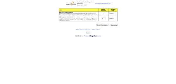 Bear Valley Mountain Cooperative registration form